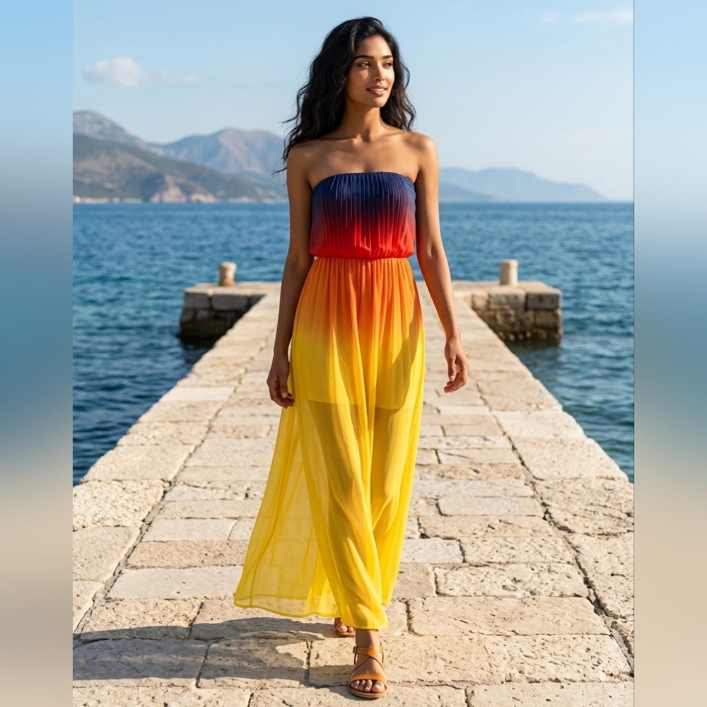 Bisou Bisou Rainbow Chiffon Vibrant Strapless Ombre Maxi Dress Slit Sheer 6 Prom